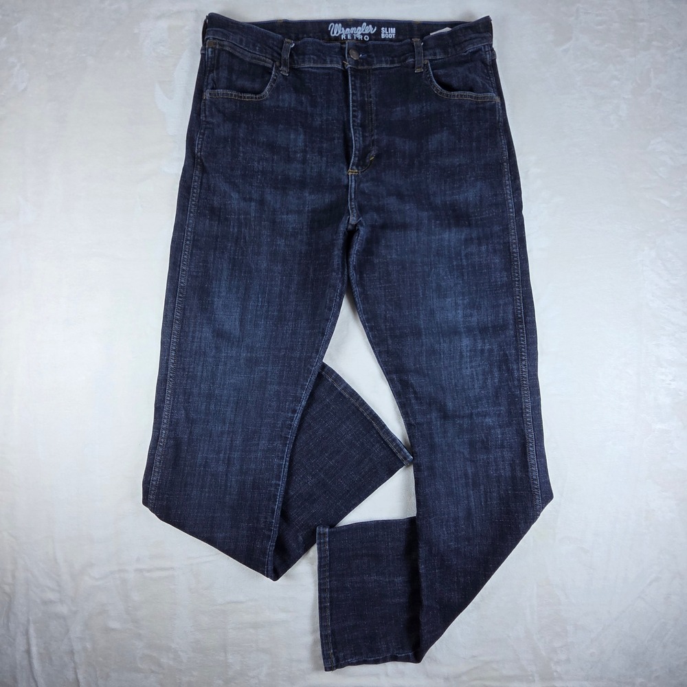 Wrangler Retro Slim Boot Jeans Mens Fits 37x34 Dark Wash 77MWZDX Stretch Denim
